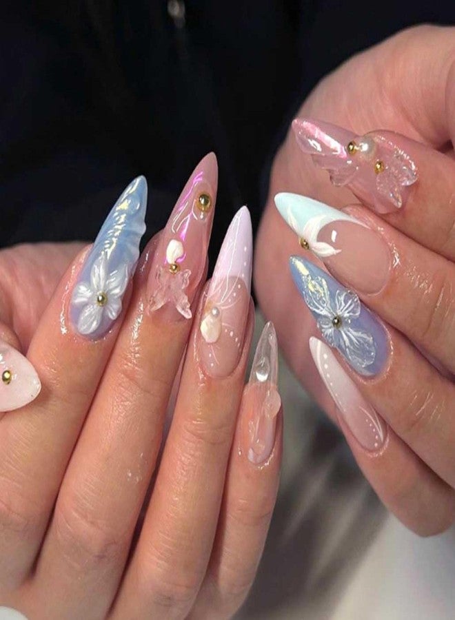Foccna French Press on Nails Long Pearl Pink Fake Nails Almond Glossy 3D False Nail Tips Artificial Nails Finger Manicure for Women and Girls 24pcs - Image 1